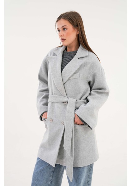 Gri Cepli Kuşaklı Kruvaze Kaşe Kaban fiyatları