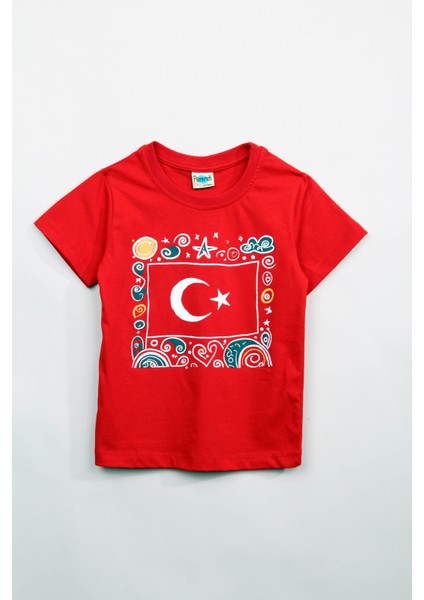 %100 Pamuklu Kısa Kollu Türk Bayrağı Baskılı Kız ve Erkek Unisex Çocuk Tshirt Kırmızı