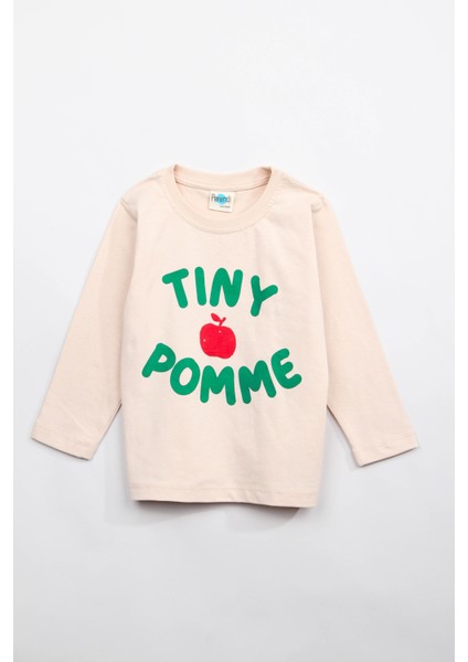 %100 Pamuklu Uzun Kollu Tiny Pomme Baskılı Kız ve Erkek Çocuk Unisex Tshirt Krem