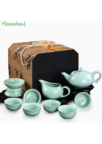 G Tarzı Seramik Porselen Çay Seti Teaware Çay Potu Çay Bardağı Seladonlar Balık Fincan Çay Seti Çaydanlık Yaratıcı Kung Fu Çay Seti Çay Bardağı 6 Set (Yurt Dışından)