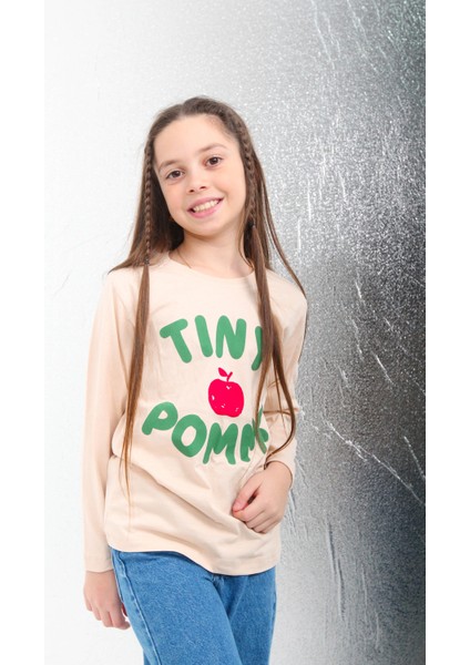 %100 Pamuklu Uzun Kollu Tiny Pomme Baskılı Kız ve Erkek Çocuk Unisex Tshirt Krem modelleri
