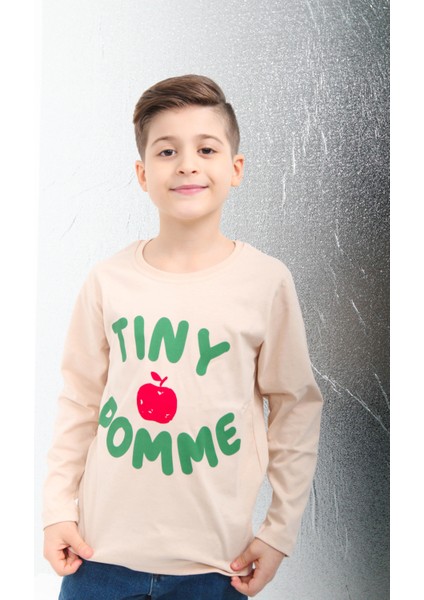 %100 Pamuklu Uzun Kollu Tiny Pomme Baskılı Kız ve Erkek Çocuk Unisex Tshirt Krem fırsatları