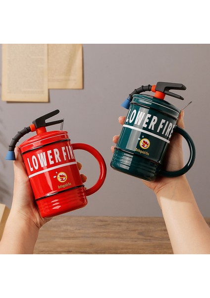 Orijinal Stil 480ML Yaratıcı Seramik Bardak Yangın Söndürücü Şekli Eğlenceli Kupa Ev Ofis Kahve Kapaklı ve Kaşıklı Kupalar Itfaiyeciler Için Mükemmel Hediye (Yurt Dışından)