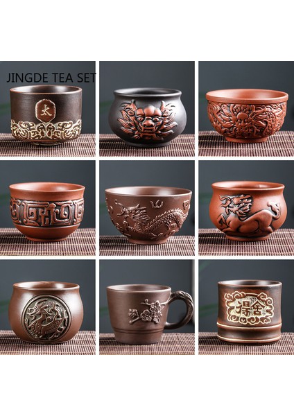 K1 Stili Retro Mor Kil Ejderha Desen Çay Kase Zhu Çamur Çay Fincanı El Yapımı Kabartma Ejderha ve Phoenix Çay Bardağı Taşınabilir Ana Fincan Çay Seti (Yurt Dışından)