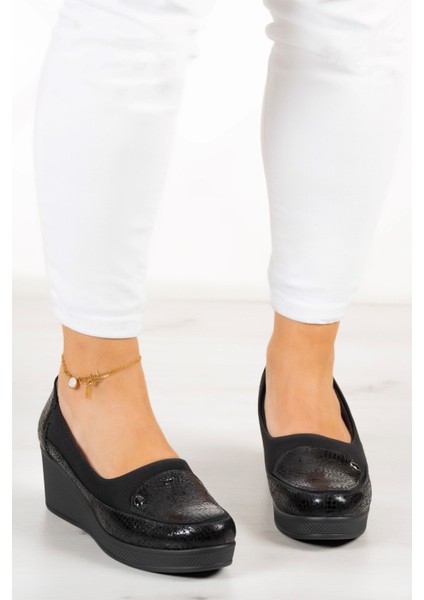 Priscilla Siyah Yılan Deri Dolgu Topuklu Streç Günlük Ayakkabı modelleri