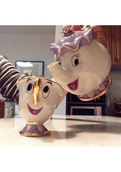 Şekerlik Tarzı Karikatür Güzel ve Canavar Çaydanlık Kupa Mrs Potts Chip Cogsworth Çaydanlık Fincan Seti Porselen Hediye 18K Altın Kaplama Boyalı Emaye (Yurt Dışından) modelleri