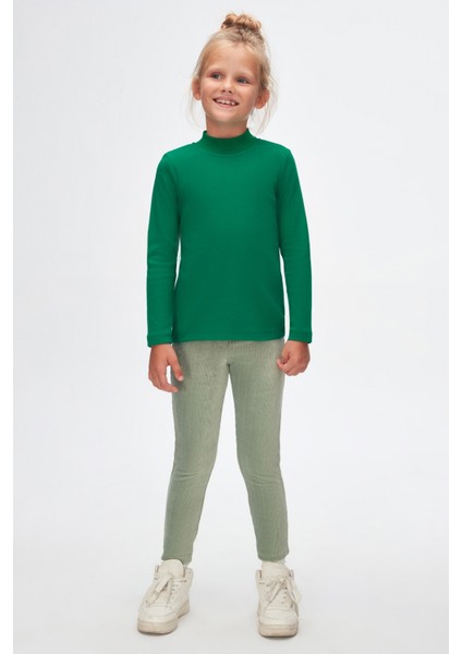 Yeşil Basic Kışlık Yarım Balıkçı Yaka Uzun Kollu Kız Çocuk Tişört