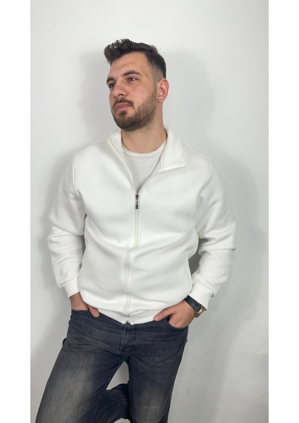 Slim Fit 3 Iplik Şardonlu Fermuarlı Cepli Dik Yaka Polar Erkek Hırka