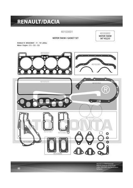 40103001 Motor Takım Contası Renault 9 Renault 11 1.3 7701466417