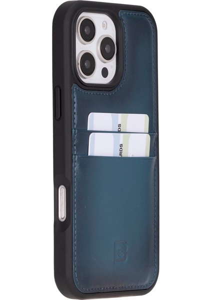 Apple iPhone 16 Pro Uyumlu, Deri, El Yapımı, Kart Yuvalı Kılıf, Gölgeli Mavi