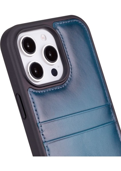 Apple iPhone 16 Pro Uyumlu, Deri, El Yapımı, Kart Yuvalı Kılıf, Gölgeli Mavi