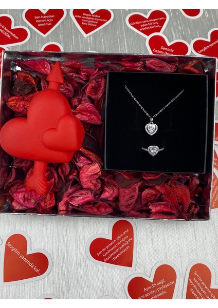 Pandora^modeli Zirkon Kalpli Kolye ve Yüzük Gece Lambalı Gül Yapraklı Kutu Sevgililer Günü Set Pembe ve Beyaz Renk