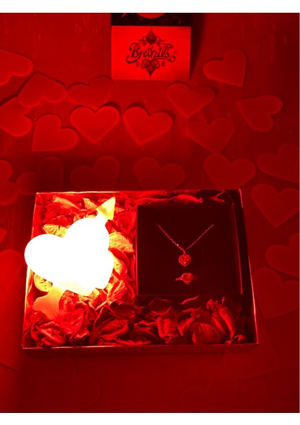 Pandora^modeli Zirkon Kalpli Kolye ve Yüzük Gece Lambalı Gül Yapraklı Kutu Sevgililer Günü Set Pembe ve Beyaz Renk