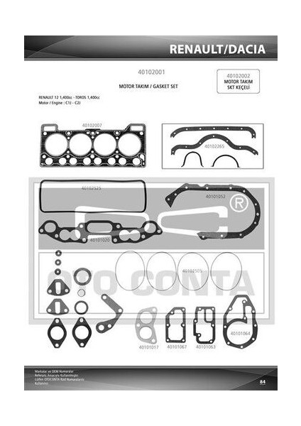 40102000 Motor Takım Contası Renault 12 Toros 1.4 Keçesiz Silindir Kapaklı 1.20MM Stardart Kapak 7701460626