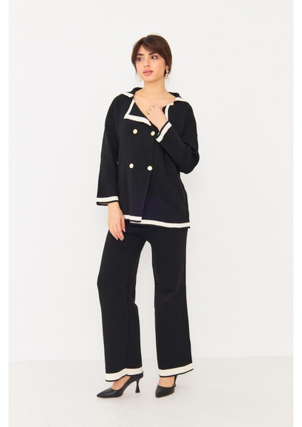 Kadın Dört Düğmeli Ceket Yaka Triko Kumaş Hırka ve Yüksek Bel Pantolon Ikili Triko Takım