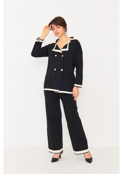 Kadın Dört Düğmeli Ceket Yaka Triko Kumaş Hırka ve Yüksek Bel Pantolon Ikili Triko Takım fiyatları