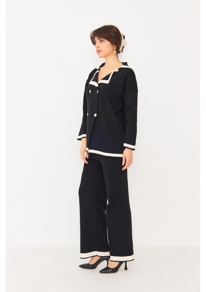 Kadın Dört Düğmeli Ceket Yaka Triko Kumaş Hırka ve Yüksek Bel Pantolon Ikili Triko Takım modelleri