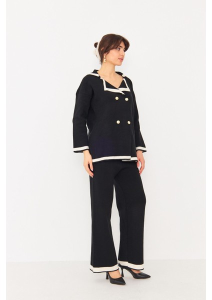 Kadın Dört Düğmeli Ceket Yaka Triko Kumaş Hırka ve Yüksek Bel Pantolon Ikili Triko Takım fırsatları