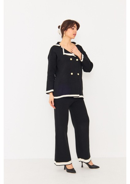 Kadın Dört Düğmeli Ceket Yaka Triko Kumaş Hırka ve Yüksek Bel Pantolon Ikili Triko Takım indirimleri