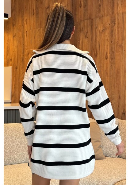 Yarım Fermuarlı Çizgili Triko Tunik