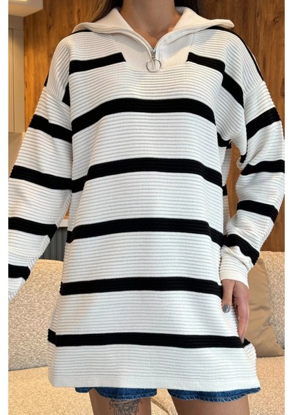 Yarım Fermuarlı Çizgili Triko Tunik