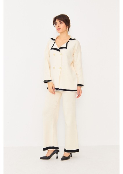 Kadın Dört Düğmeli Ceket Yaka Triko Kumaş Hırka ve Yüksek Bel Pantolon Ikili Triko Takım fiyatları