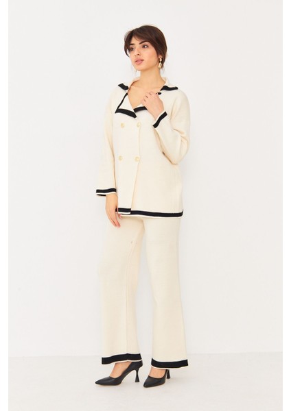 Kadın Dört Düğmeli Ceket Yaka Triko Kumaş Hırka ve Yüksek Bel Pantolon Ikili Triko Takım fırsatları