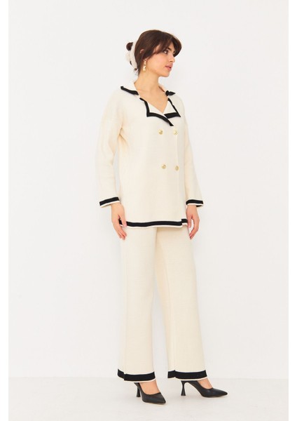 Kadın Dört Düğmeli Ceket Yaka Triko Kumaş Hırka ve Yüksek Bel Pantolon Ikili Triko Takım indirimleri