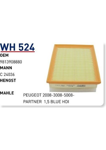 WH524 Hava Filtresi Citroen C-Elysee-C3-C4-C5 1.5 Blue Hdı MRMOEM-1083172