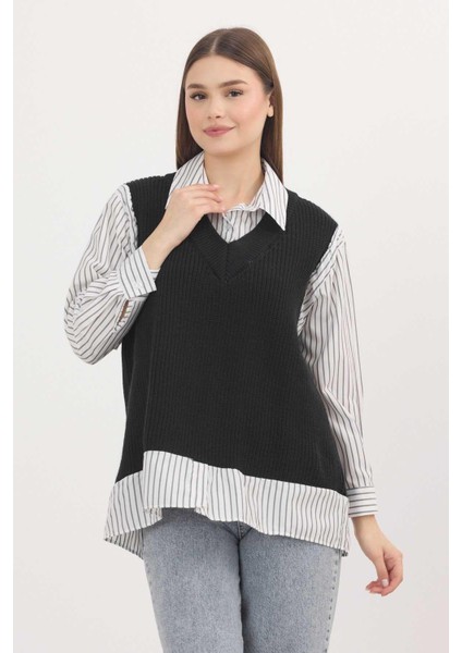 5395 Gömlek Detay Kazak Siyah-Beyaz