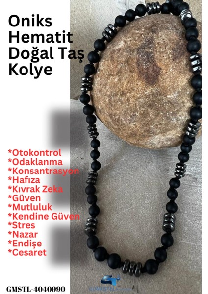 Sertifikalı Doğal Taş Oniks Hematit Erkek Kolye