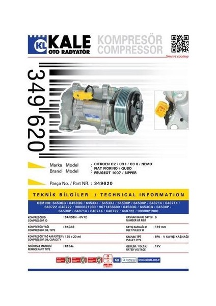 349620 Klima Kompresöru Bipper-Nemo-Fiorino-Berlingo 09 206 1.4-P1007 05 1.4-1.6-C2-C3 1.1-1.4-1.6 03 6453.QG