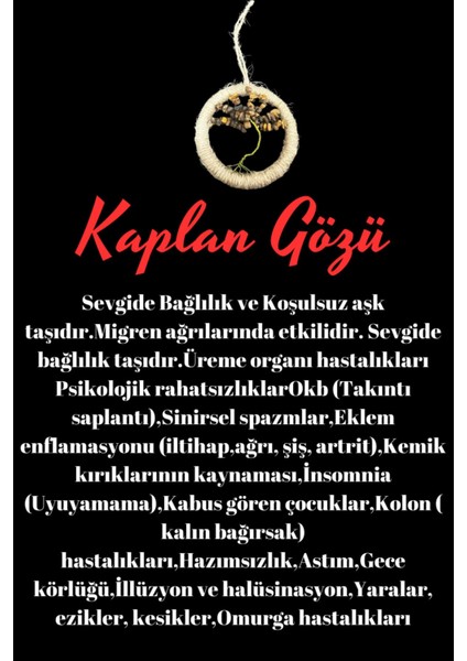 Sertifikalı Kaplan Gözü Doğal Taş El Yapımı Duvar Süsü & Araba Süsü & Kapı Süsü