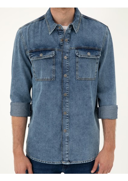 Erkek Koyu Mavi Regular Fit Uzun Kollu Jean Gömlek 50288244-VR032