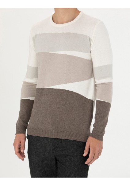 Erkek Ekru Slim Fit Bisiklet Yaka Triko Kazak 50278105-VR019