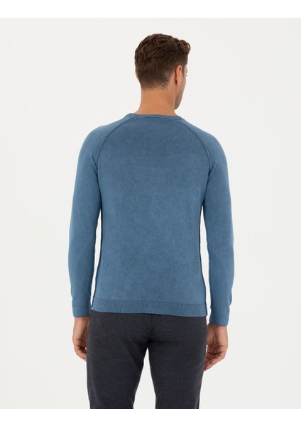 Erkek Koyu Mavi Slim Fit Bisiklet Yaka Triko Kazak 50278902-VR032