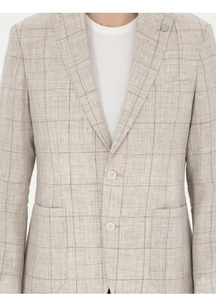 Erkek Açık Kahverengi Slim Fit %100 Keten Ekose Ceket 50284929-VR002