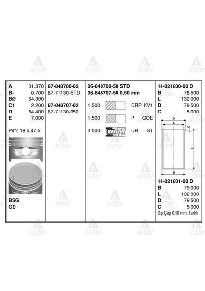 87-71130-STD Motor Piston Segman Std Accent 1.5 12V 1995-2000 75.50MM Yumurta Kasa 87-71130-STD