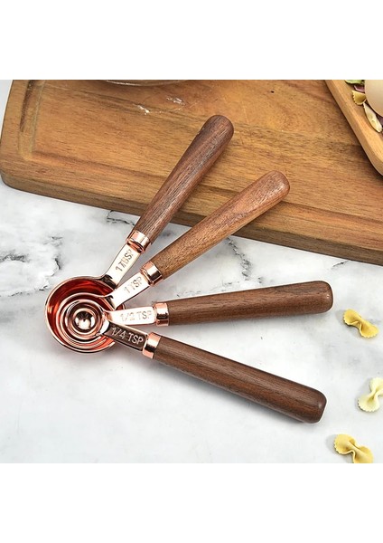 Hediye Kutusu Tarzı Kaşıklar Ölçme Fincanları ve Kaşıkları, Ceviz Ağacı Sap, Metrik ve Abd Ölçülü, Birinci Sınıf Paslanmaz Çelik, Gül Altın Cilalı Kaplama (Yurt Dışından)