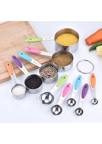 Çok Paslanmaz Çelik Ölçme Bardakları ve Kaşıkları Dayanıklı Mutfak Pişirme Pişirme Silikon Kulplu Ölçme Aletleri (Yurt Dışından)