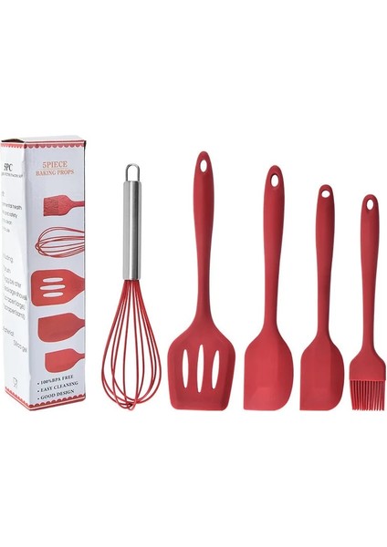 5 Adet Kırmızı Stil Silikon Yapışmaz Pişirme Gereçleri Seti Alet Mutfak Gereçleri Spatula Kepçe Kürek Yumurta Greak Kaşık Çorba Isıya Dayanıklı Tutucu (Yurt Dışından)