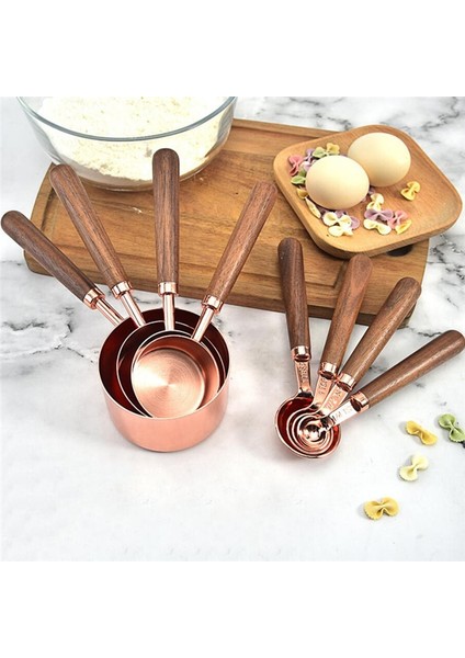 Ölçme Kabı Stili Ev Mutfak Yemek Barı Pişirme Araçları Ceviz Ahşap Saplı Bakır Kaplama Ölçme Bardakları Kaşık Kek Şeker Alet Takımı (Yurt Dışından) indirimleri