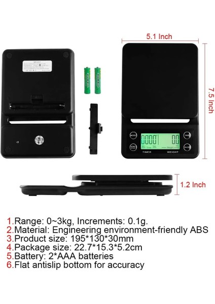 Siyah Stil 3kg 3kg 0.1g 5kg 0.1g Kahve Ağırlığı 0.1g Damla Kahve Tartı Zamanlayıcılı Dijital Mutfak Terazisi Yüksek Hassasiyetli LCD Terazi (Yurt Dışından)