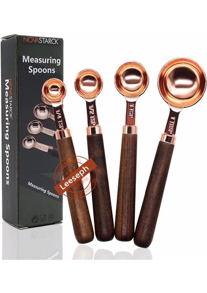 Bakır Ölçme Kaşığı 4'lü Set, Ahşap Saplı Bakır Kaplama En Li Paslanmaz Çelikrose Gold (Yurt Dışından)