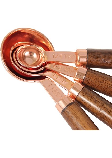 Bakır Ölçme Kaşığı 4'lü Set, Ahşap Saplı Bakır Kaplama En Li Paslanmaz Çelikrose Gold (Yurt Dışından)