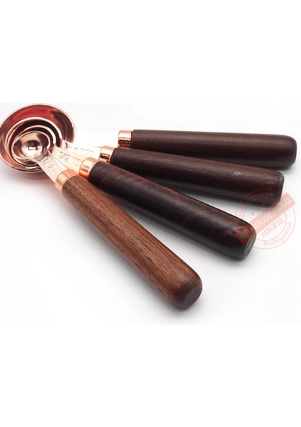 Bakır Ölçme Kaşığı 4'lü Set, Ahşap Saplı Bakır Kaplama En Li Paslanmaz Çelikrose Gold (Yurt Dışından)