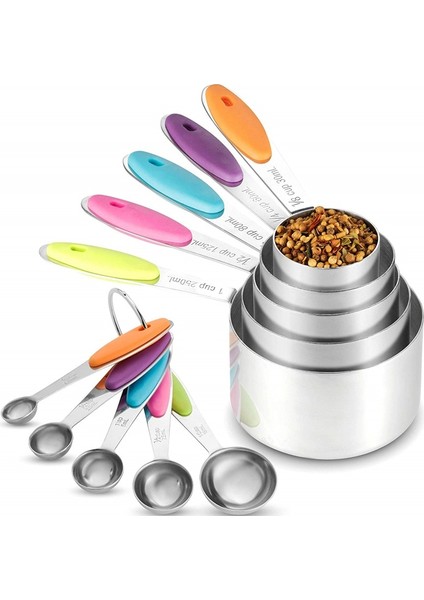 10 Adet Set Stili Paslanmaz Çelik Ölçme Fincan Kaşığı Ölçme Fincanları Ölçme Kaşık Seti Pişirme Çay Kahve Mutfak Aletleri Silikon Saplı (Yurt Dışından)
