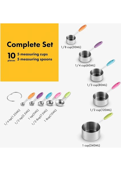 10 Adet Set Stili Paslanmaz Çelik Ölçme Fincan Kaşığı Ölçme Fincanları Ölçme Kaşık Seti Pişirme Çay Kahve Mutfak Aletleri Silikon Saplı (Yurt Dışından) modelleri