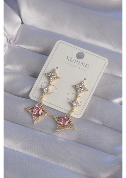 Gold Renk Pembe Zirkon Taşlı Yıldız Model Küpe