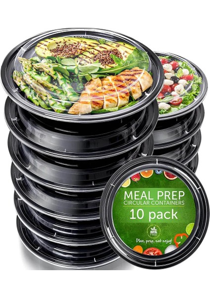 Siyah 10 Adet Tarzı 750ML Tek Kullanımlık Öğle Yemeği Kutusu Istiflenebilir Yuvarlak Plastik Salata Kasesi Buzdolabı Mikrodalga Sofra Gıda Saklama Kabı Öğle Yemeği Kutusu (Yurt Dışından)